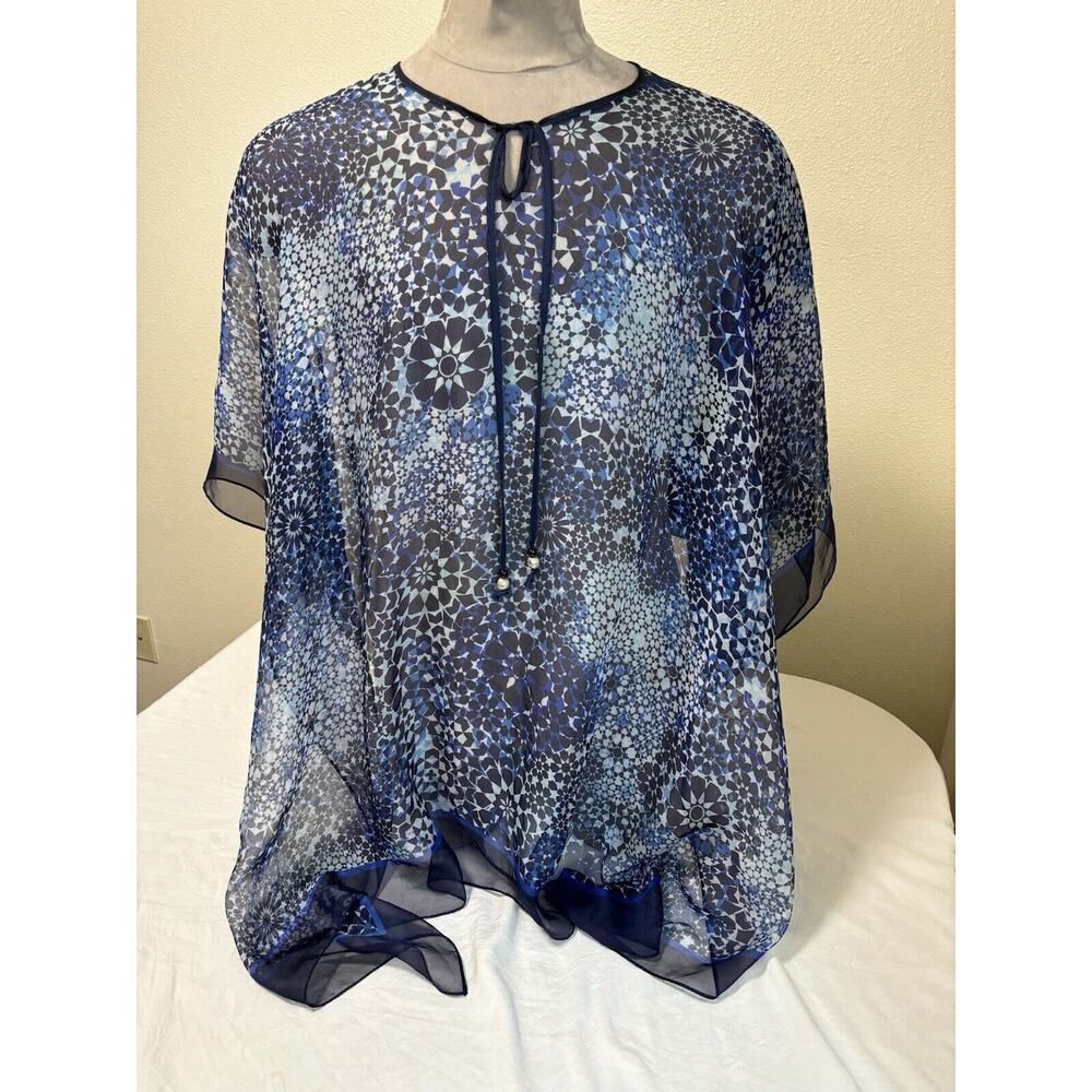 Blue Geometric Sheer Swim Cover Up Plus Size One Size Resort Wear Beach Boho Tie